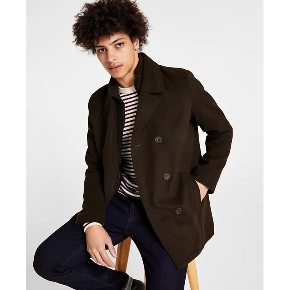 Kenneth Cole Men's Double Breasted Wool Blend Peacoat Olive Medium NEW